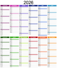 Modèle de calendrier 2026 pour agenda, organiseur ou planificateur avec textes en français - Textes vectorisés et non vectorisés sur calques séparés