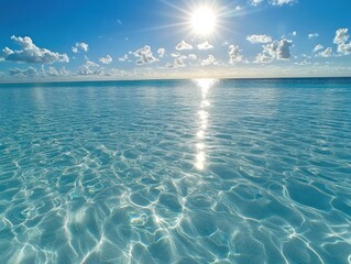 A serene, bright sunny day at a tropical beach with crystal-clear turquoise water reflecting sunlight, creating a dazzling, peaceful ocean scene. : Generative AI
