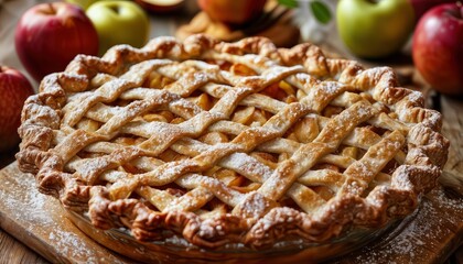 a freshly baked apple pie with a golden lattice crust, lightly dusted with powdered sugar, sits surrounded by ripe red and green apples on a rustic wooden surface.