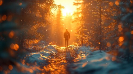 Sunny winter path Figure on snowy trail through a forest bathed in golden light