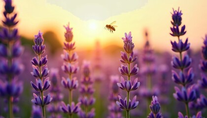 Obraz premium Lavender Field at Golden Sunset with Bee and Purple Flowers