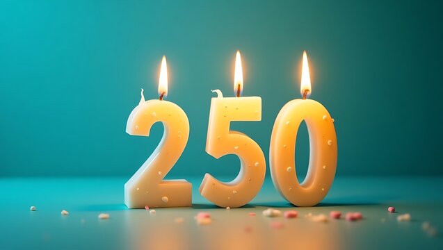 Birthday 250 candle number design with glowing flames and pastel sprinkles on teal background for milestone celebration, anniversary event, baby shower decor, or festive stock graphics