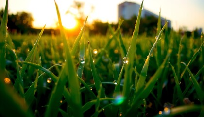 a close up view of green grass illuminated by sunlight during what appears to be either sunrise or sunset, as indicated by the war