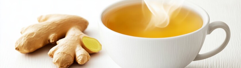 Fototapeta premium Steaming Cup of Ginger Tea with Fresh Root, Cozy , Herbal tea