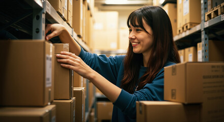 Asian woman smiling while organizing inventory on warehouse shelves with cardboard boxes. Supply chain management concept for logistics operations, order fulfillment