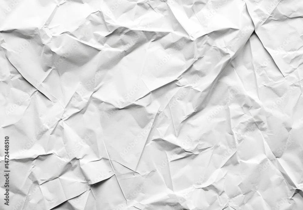 Poster high-resolution image of crumpled white paper texture, showing creases, folds, and wrinkles in detai