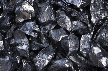 Dark, metallic, crystalline fragments.  Close-up of numerous, irregularly shaped,  dark gray and metallic pieces