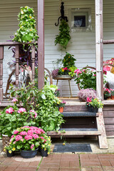 Front view of a summer porch decorated with bright summer flowers