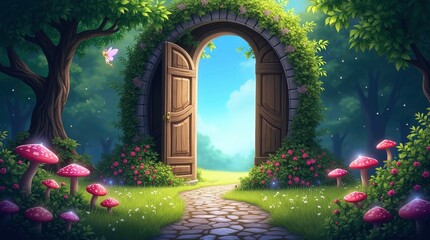 Open wooden door to tiny fantasy world with greenery walls and flowers