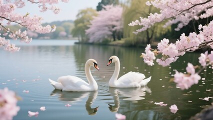 Obraz premium Two white swans swim peacefully on a lake surrounded by cherry blossoms in full bloom, creating a serene and romantic scene, perfect for nature and wildlife photography 8K