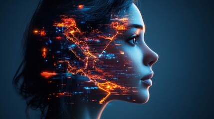 Profile of a beautiful woman with futuristic digital network and glowing connections overlaying her face art.