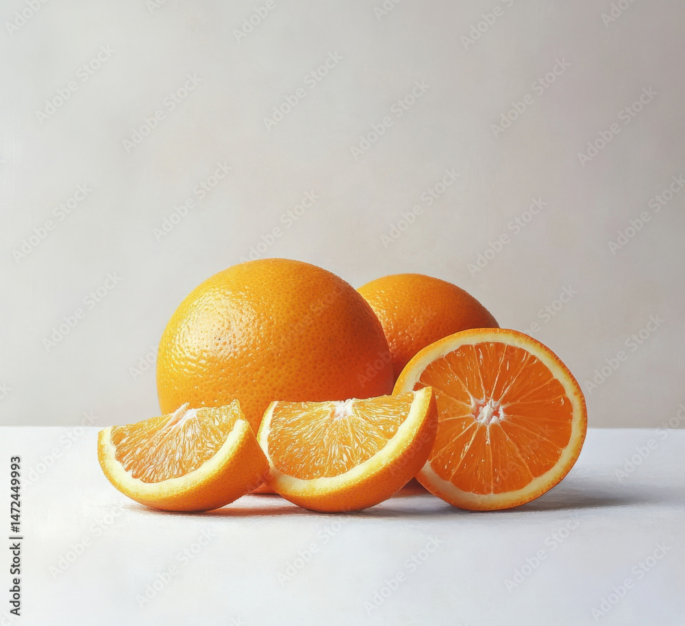 Poster two whole oranges and three segments arranged on a white surface against a neutral background. a sim