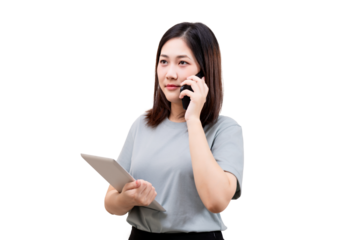 A woman holding a tablet and talking on a mobile phone.