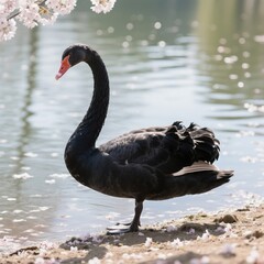 Naklejka premium Elegant black swan standing gracefully by the water's edge, surrounded by delicate cherry blossoms, creating a serene and captivating scene 8K