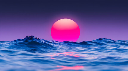 Pink orb setting over a dark blue, wavy ocean under a purple-pink sky