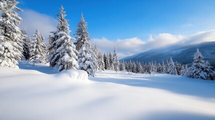 Obraz premium Majestic snow-covered fir trees stand tall against a vibrant blue sky, their branches laden with pristine white snow, creating a breathtaking winter wonderland scene. : Generative AI