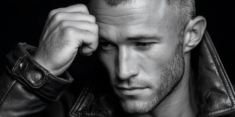 Contemplative man in leather ponders lifes complexities