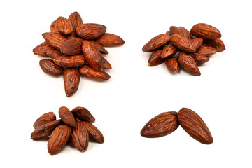 A group of caramelized almonds isolated on a white background.