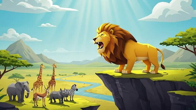 Animated cartoon illustration of a roaring lion and african animals on a savannah landscape scene, Generative AI