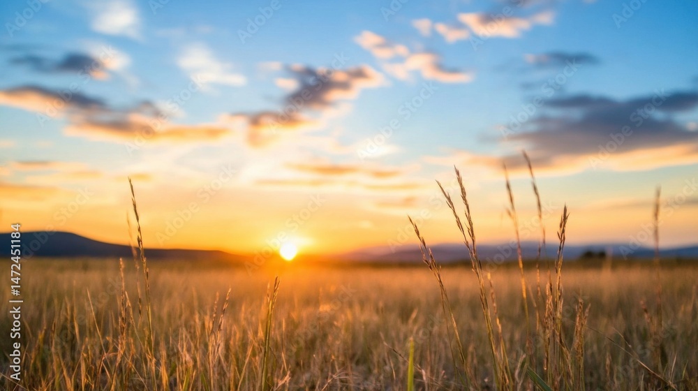 Poster golden hour sunset over a field of tall grass, with the sun setting behind distant mountains, creati