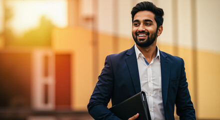 Fototapeta premium Smiling Indian businessman in navy suit holding folder with warm sunset office background. Professional confidence for business meetings and corporate success moments
