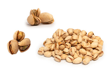 Tasty pistachios isolated on a white background.