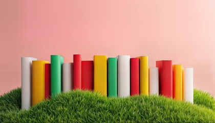 Obraz premium a vibrant row of colorful books stands upright in lush green grass against a soft pink backdrop.