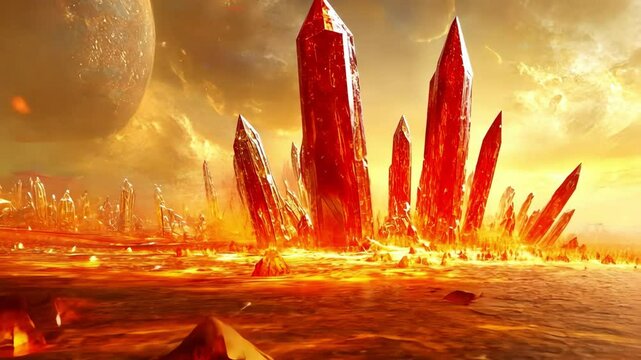 Otherworldly crystal landscape on a fiery planet.