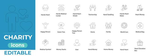Modern charity line icon set for nonprofits, fundraising and social causes. Minimalist vector icons in EPS editable and scalable
