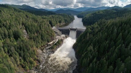 Fototapeta premium Dam releasing water into a valley in bc