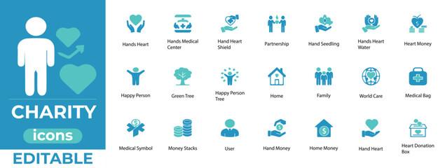 Editable charity vector icons with clean design, ideal for NGOs, donation platforms, social impact, and nonprofits