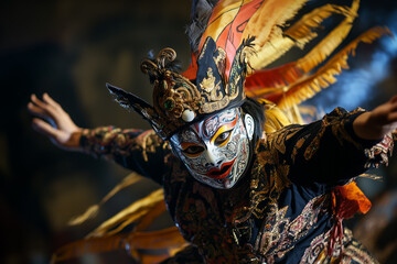Traditional Dancer In Elaborate Costume And Mask Performing At Night