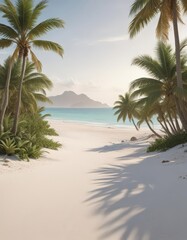 Obraz premium Soft white sand, palm trees framing distant island, clear water, idyllic