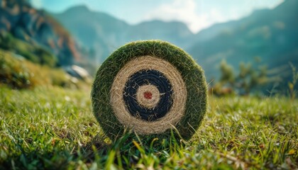 a weathered archery target rests in a vibrant green field, framed by distant, hazy mountains under a bright sky.
