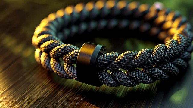 Close up of a braided paracord bracelet with clasp