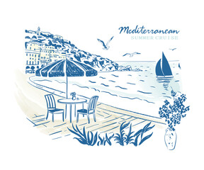 Mediterranean coast vacation vector art, European summer travel destination vector illustration, Italian island watercolor vector art, summer beach t shirt design