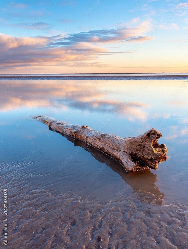 Aufkleber driftwood log rests in calm, shallow water reflecting a pastel sunset sky with soft clouds above a t