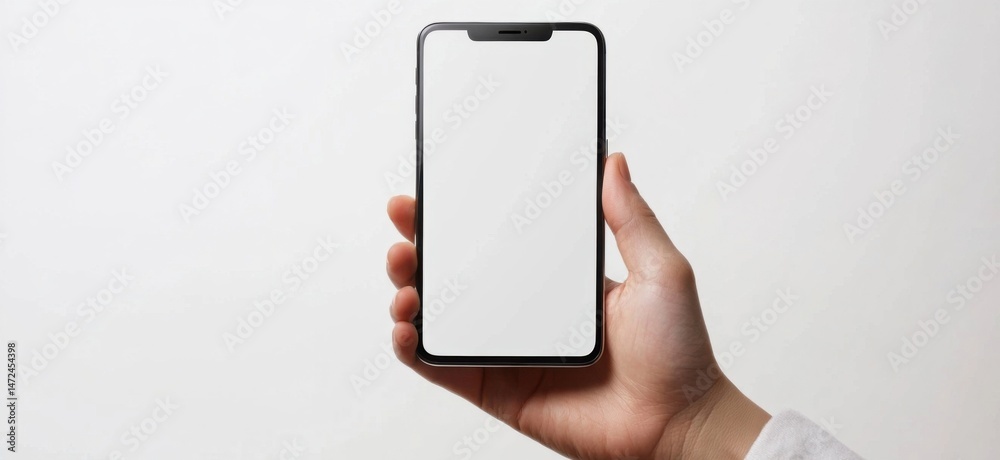 Poster a person's hand holds a smartphone with a blank white screen against a plain white background, offer