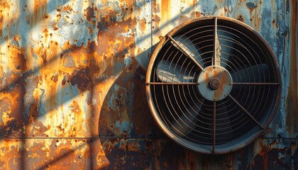 Obraz premium Rust and Revolution: A close-up shot showcasing an industrial fan on a weathered, rusty surface, creating an intriguing visual narrative of time, decay, and resilience.