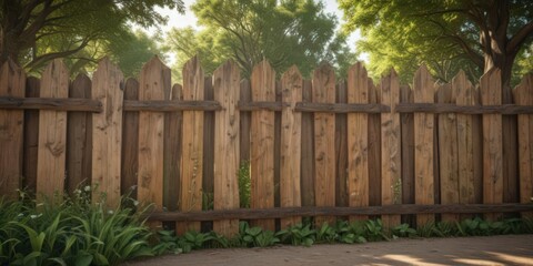 Fototapeta premium Rustic wood fence poster mockup; park setting, trunk, promotional