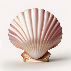 The gleaming scallop shell tilted slightly, revealing its glossy layers with subtle shades of pink, cream, and beige, isolated  