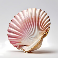 The gleaming scallop shell tilted slightly, revealing its glossy layers with subtle shades of pink, cream, and beige, isolated  