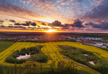 Amazing sunset over the spring fields of Rotmanka, Poland