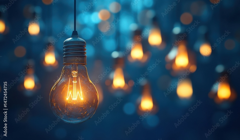 Aufkleber a single illuminated edison bulb hangs in the foreground, its warm light contrasting against a bokeh