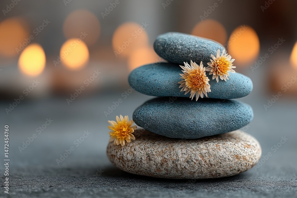 Poster Serene Stack of Blue and Beige Stones Adorned with Delicate Dried Flowers, Illuminated by Soft Candlelight. : Generative AI