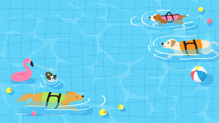 Dogs Pool Party background vector illustration. Dogs are having fun swimming in the pool.