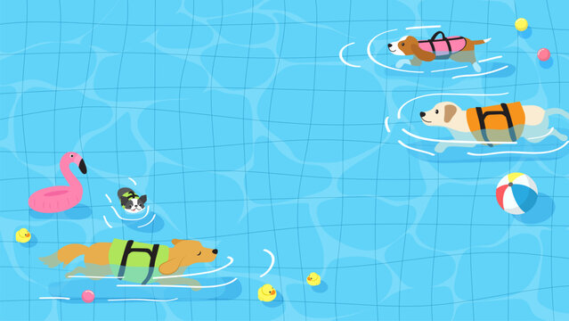 Dogs Pool Party background vector illustration. Dogs are having fun swimming in the pool.