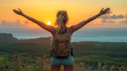 Woman hiker enjoying sunset view.  Arms outstretched