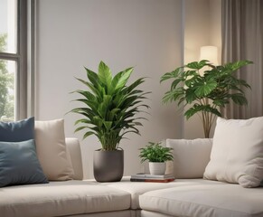 Vibrant potted plant adds life to living room, next to plush pillows on sofa , home, fabric, foliage