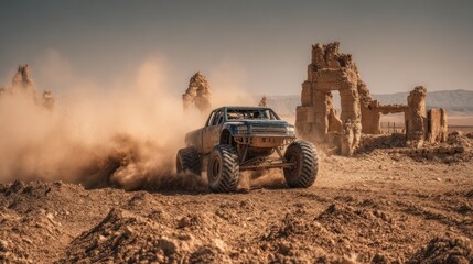 Fototapeta premium Monster truck in the desert near ancient ruins